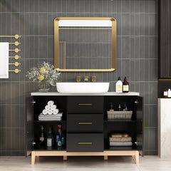 Meuble-lavabo simple autoportant AISU noir/doré avec rangement intégré