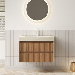 AISU 30" Floating Striped Plywood Bathroom Cabinet with 2 Drawers, Travertine-Pattern Sintered Stone Top with Ceramic Undermount Basin, Pre-assembled, Brown Oak Woodgrain Color