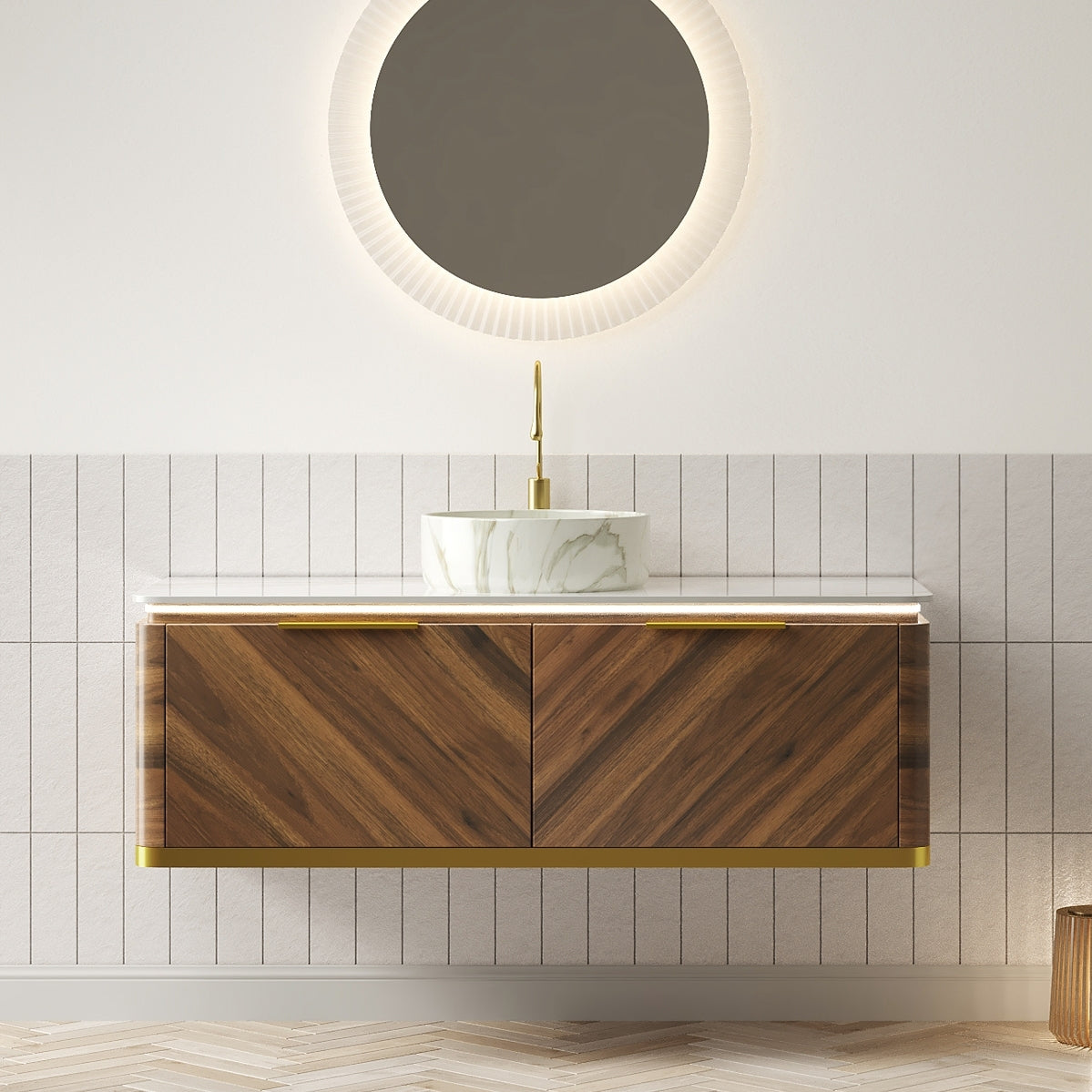 AISU Lumierge 48" Floating Plywood Bathroom Vanity, Stone Pattern Ceramic Vessel Basin&Sintered Stone Top, Pre-assembled, Dark Walnut Woodgrain Color