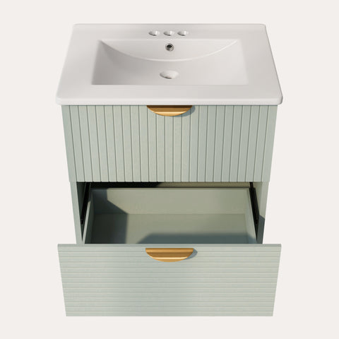 Moderner 24-Zoll-Badezimmerwaschtisch zur Wandmontage mit 2 Schubladen, Grün – Ideal für kleine Badezimmer 