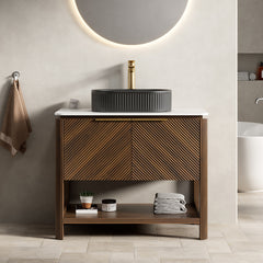 AISU 36" Freestanding Plywood Bathroom Cabinet with 2 Diagonal Striped Doors&Open Shelf, Black Striped Oval Ceramic Basin&Carrara White Sintered Stone Top, Dark Walnut Woodgrain