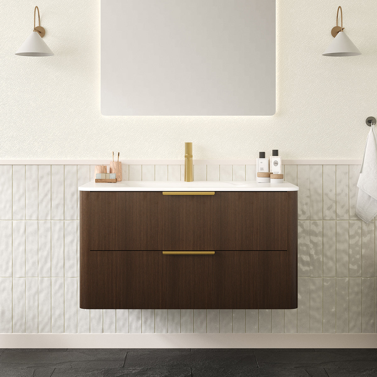 AISU 36" Floating Ultra-Pinstriped Plywood Bathroom Vanity with Sink, Storage Cabinet with Drawers, Carrara White Sintered Stone Hot-bent Integrated Basin, Pre-assembled, Italy Walnut Woodgrain Color