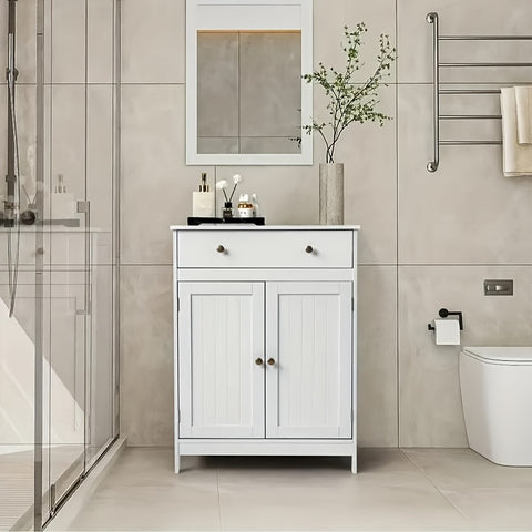 Badezimmer-Aufbewahrungsschrank-Set – Badezimmer-Waschtisch mit Doppelrollladentür und Soft-Close-Schublade (weiß)
