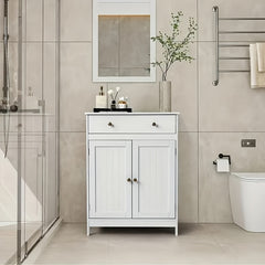 Badezimmer-Aufbewahrungsschrank-Set – Badezimmer-Waschtisch mit Doppelrollladentür und Soft-Close-Schublade (weiß)