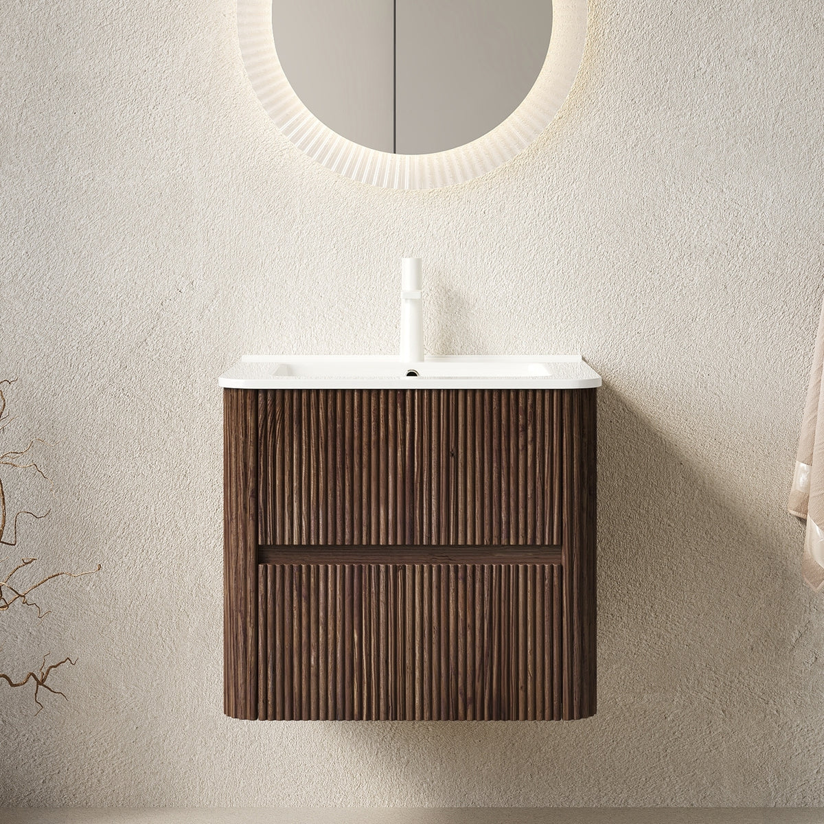 AISU 24" Bathroom Vanity with Sink, Wall-Mounted Floating Plywood  Bathroom Storage Cabinet with 2 Drawers, White Ceramic Basin, NO Faucet, Pre-assembled, Retro Walnut Woodgrain Color