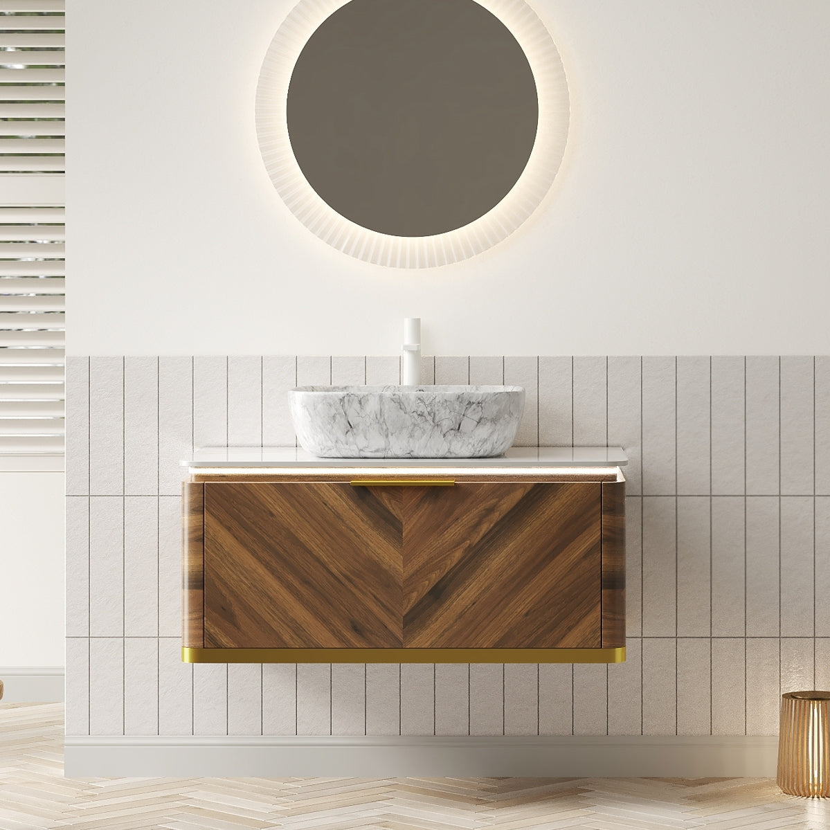 AISU Lumierge 36" Floating Plywood Bathroom Vanity, Marble Pattern Rectangle Ceramic Vessel Basin&Sintered Stone Top, Pre-assembled, Dark Walnut Woodgrain Color