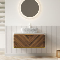 AISU Lumierge 36" Floating Plywood Bathroom Vanity, Marble Pattern Rectangle Ceramic Vessel Basin&Sintered Stone Top, Pre-assembled, Dark Walnut Woodgrain Color