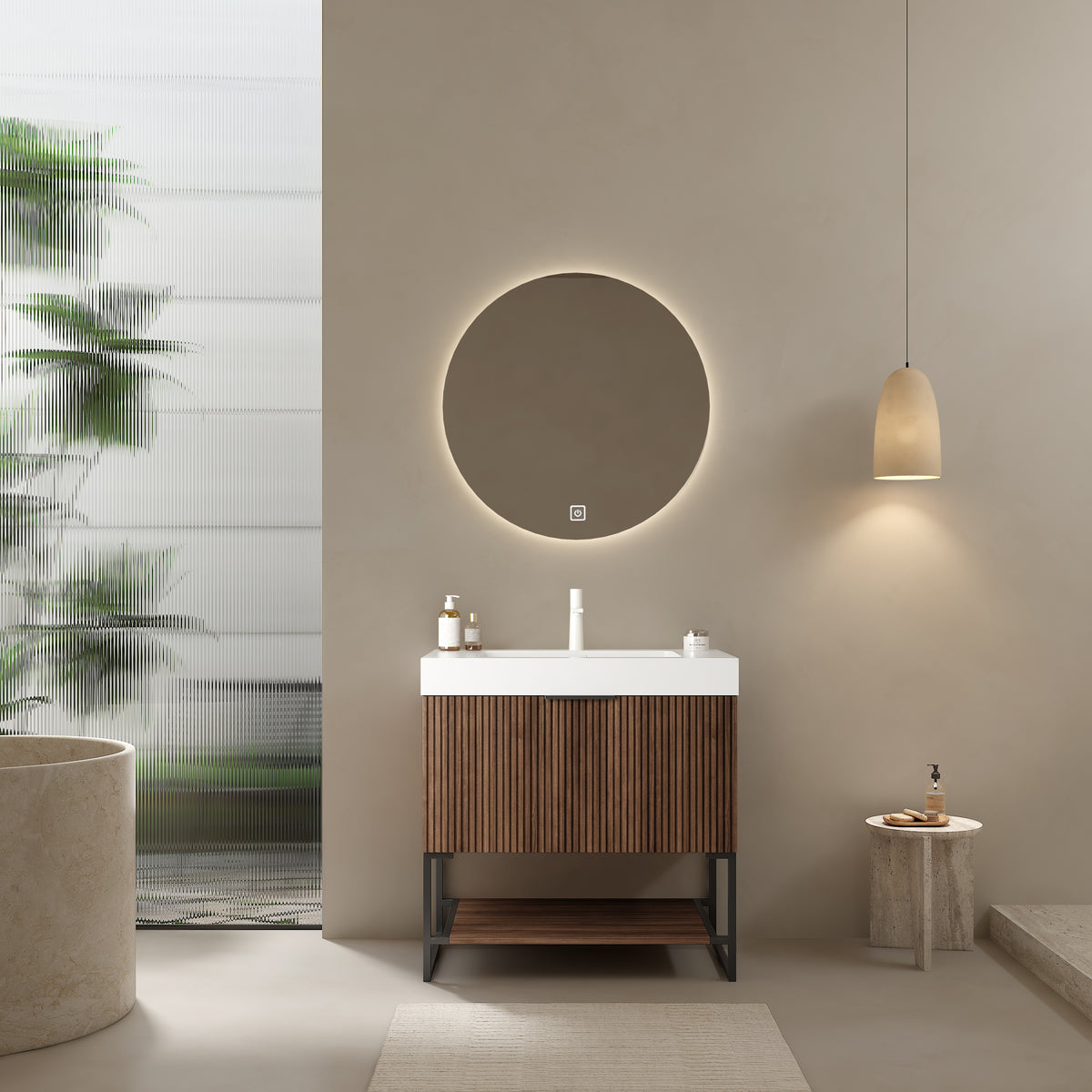 30" freistehender Badezimmerwaschtisch mit Waschbecken, Retro-Walnussholzmaserung 
