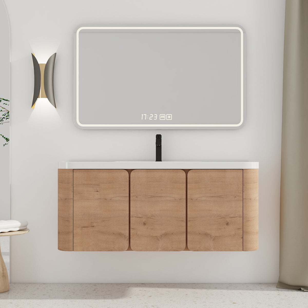 AISU 48" Wall-Mounted Bathroom Vanity with White Resin Sink & 3-Soft-Close Door, KD-Packing, Plywood, Imitative Oak