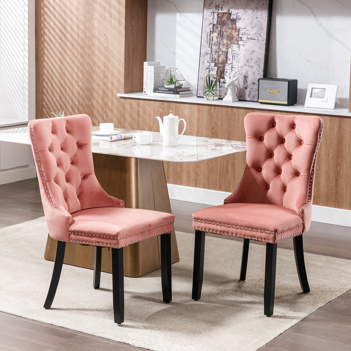 AISU High-end Tufted Solid Wood Contemporary Velvet Upholstered Dining Chair with Wood Legs Nailhead Trim 2-Pcs Set, Pink