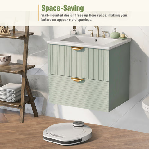 Moderner 24-Zoll-Badezimmerwaschtisch zur Wandmontage mit 2 Schubladen, Grün – Ideal für kleine Badezimmer 