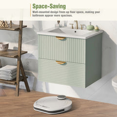 Meuble-lavabo mural moderne de 24 pouces avec 2 tiroirs, vert – Idéal pour les petites salles de bain 