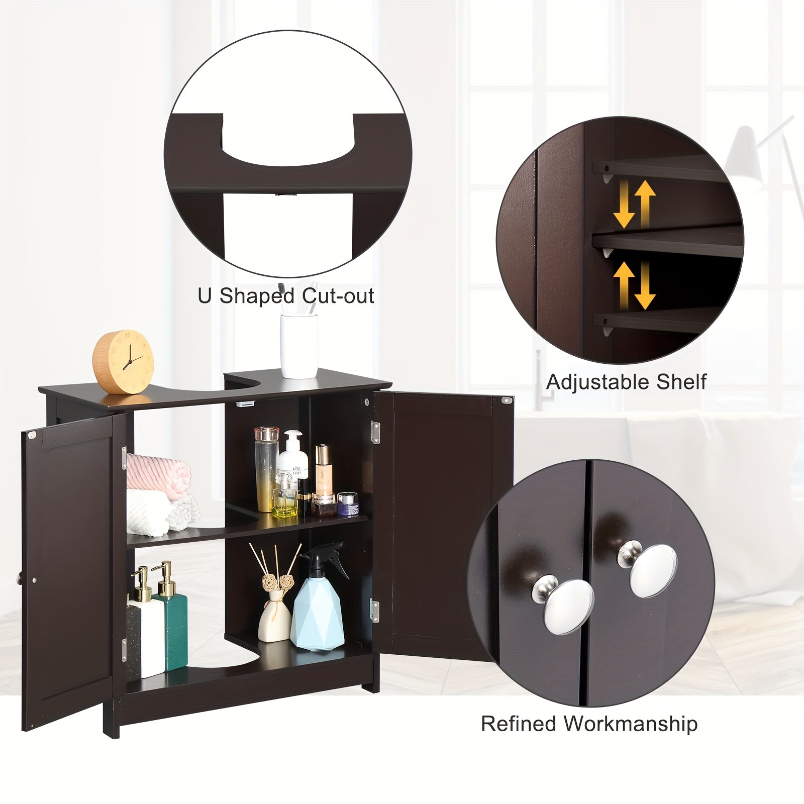 AISU Traditioneller Badezimmerwaschtisch, Unterschrank mit Unterschrank, 2 Türen, Espresso