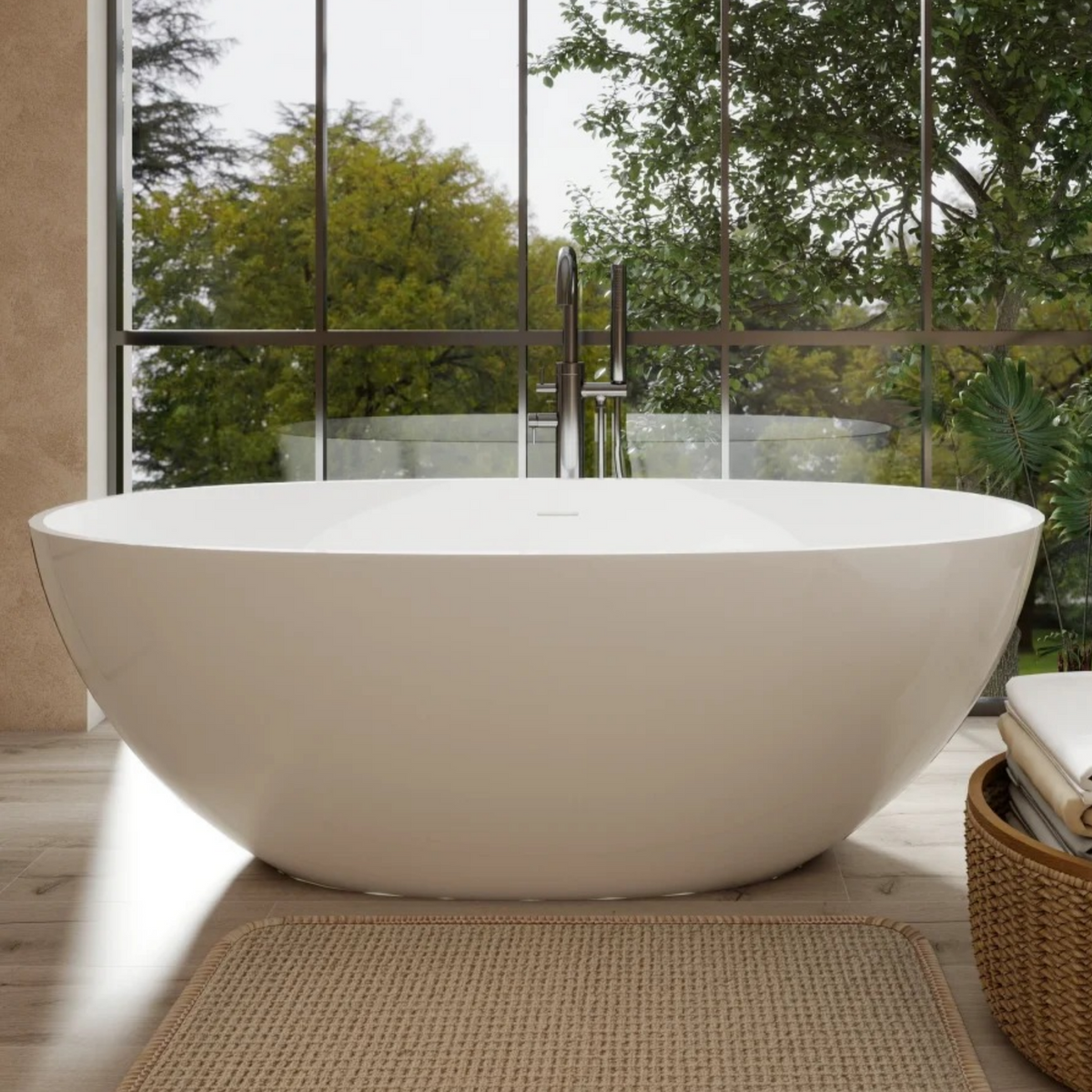 AISU 65" Freestanding Solid Surface Bathtub, Handcrafted Stone Resin with Overflow and Pop-up Drain, Glossy White
