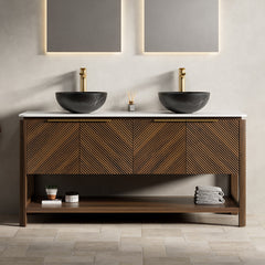AISU 60" Freestanding Plywood Bathroom Cabinet with 4 Diagonal Doors&Open Shelf, 2 Black Stone Pattern Ceramic Basins&Carrara White Sintered Stone Top, Dark Walnut Woodgrain