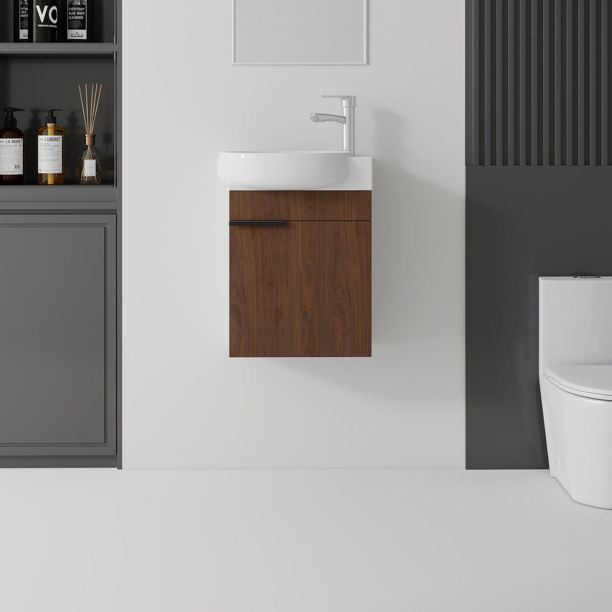 AISU 16 Inch Floating Bathroom Vanity with Sink, Soft-Close Door, Ceramic Sink, Brown