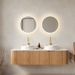 AISU 60" Bathroom Vanity with Sinks, Curved Edges Striped, 2 White Round Ceramic Basin with Stone Pattern, Natural Woodgrain Color