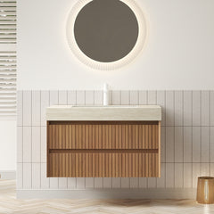 AISU 36" Floating Striped Plywood Bathroom Cabinet with 2 Drawers, Travertine-Pattern Sintered Stone Top with Ceramic Undermount Basin, Pre-assembled, Brown Oak Woodgrain Color